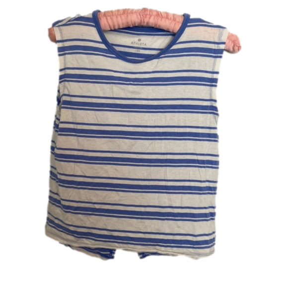 Athleta Blue Stripe Serenity Muscle Tee Tank Open Back Silk Blend Sleeveless - Picture 1 of 5